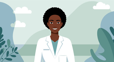 Friendly African American female doctor smiling in a white coat, set against a calming landscape illustration, perfect for healthcare, medical, or wellness projects.