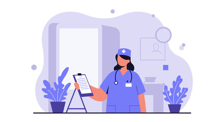A female healthcare professional stands in a modern, minimalist office, reviewing patient records on a clipboard, surrounded by calming potted plants and soft colors.