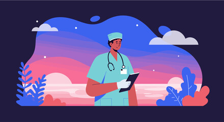 A dedicated male doctor in medical scrubs reviews patient notes on a clipboard against a vibrant, abstract sunset landscape.