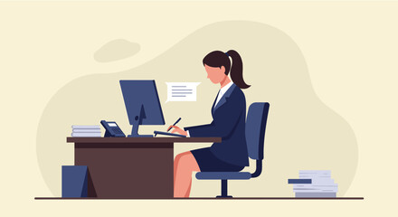 A focused businesswoman sits at her desk, working diligently on paperwork and using a computer, showcasing professionalism and dedication in her office environment.