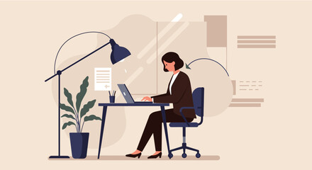 An illustration of a businesswoman working diligently at her desk, typing on a laptop with a document and a plant nearby, indicating productivity and a modern office environment.