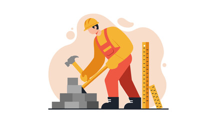 A focused builder strikes a brick with a hammer, showcasing construction against a clean white backdrop and a colorful abstract shape in a flat design.
