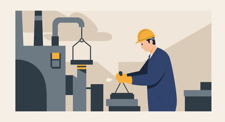 A diligent factory worker in protective gear meticulously handles metal parts with an overhead crane in a bustling industrial plant.