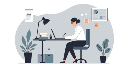 An illustrated woman works diligently at a desk, typing on a laptop while surrounded by office supplies and plants, creating a modern and productive workspace.