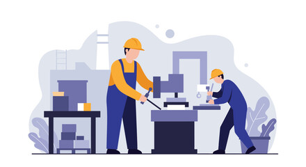 An illustration shows two industrial workers in a factory setting, operating machinery, emphasizing manufacturing and the skilled labor involved in industrial production.