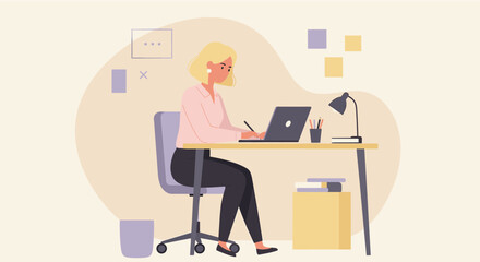 Flat design illustration of a businesswoman working on her laptop at her desk, ideal for landing page banners, marketing presentations, and web design projects.