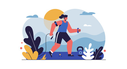 a person jogging outdoors, holding a water bottle, with a sun and clouds in the background. Suitable for landing page, banner, marketing, web design, presentation, infographic, etc.