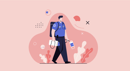 A delivery worker is walking on a pink background with a backpack and a bag, ready to deliver packages to customers in a modern, flat design style.