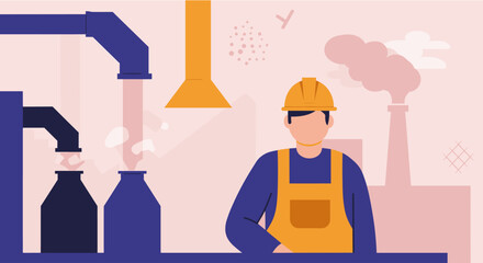 A factory worker in a hard hat observes a modern production line filling bottles, representing industrial manufacturing, labor, and automated processes.