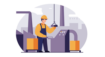 A focused male factory worker in a hard hat and overalls diligently operates industrial machinery, managing production in a modern manufacturing facility.