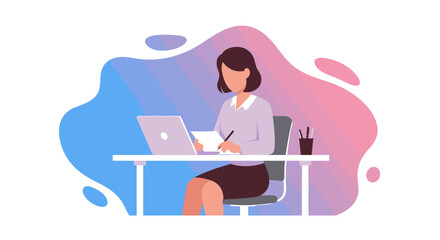 a woman sitting at a desk, working on a laptop with a pen in her hand, surrounded by office supplies. Suitable for landing page, banner, marketing, web design, presentation, infographic, etc.