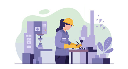 A female engineer meticulously inspects a mechanical part in a modern industrial facility, showcasing precision and quality control in manufacturing.