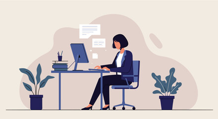 A woman in a blue suit sits at a computer desk in a flat vector illustration, working, surrounded by plants and a neutral, textured background.
