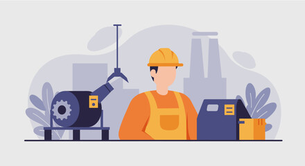 A diligent factory worker in a hard hat and overalls stands amidst modern industrial machinery and production boxes, illustrating manufacturing processes.