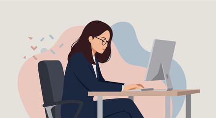 A focused businesswoman in a suit works diligently at her computer desk in a modern office environment, symbolizing productivity and career.