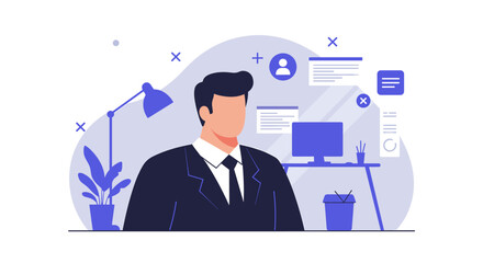 A professional businessman in a sleek suit is depicted in a modern flat illustration style, surrounded by digital interface elements in a conceptual office environment.