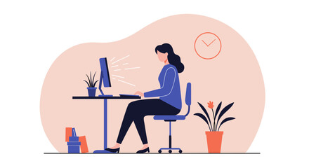 a woman sitting at a desk, working on a computer with a potted plant and a clock on the wall behind her. Suitable for landing page, banner, marketing, web design, presentation, infographic, etc.