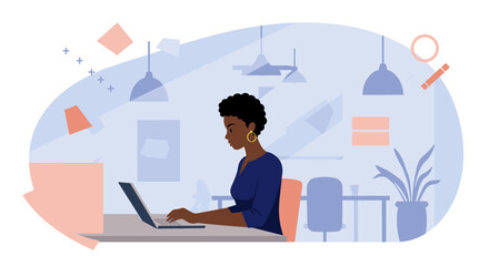 An illustration depicts a Black woman working on a laptop in a modern office setting with abstract shapes, suggesting creativity and productivity in a contemporary workspace.