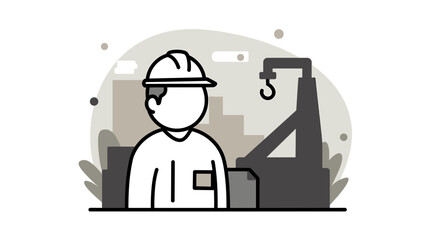 a construction worker wearing a hard hat, standing in front of a crane with a city skyline in the background. Suitable for landing page, banner, marketing, web design, presentation, infographic, etc.
