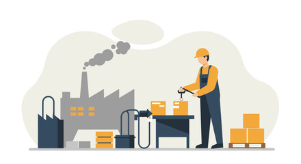 A flat design illustration depicts a factory worker efficiently packaging products on an assembly line, symbolizing industrial production and logistics.