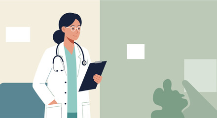 a female doctor in a white coat and stethoscope, standing in a medical setting with a clipboard in her hand. Suitable for landing page, banner, marketing, web design, presentation, infographic, etc.