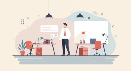 A male professional stands confidently in a modern, open-plan office space featuring contemporary desks and minimalist decor, illustrating a productive work environment.