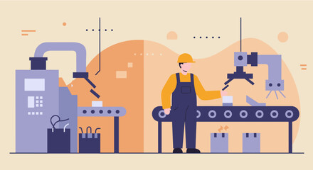 A factory worker oversees a robotic arm assembling products on a conveyor belt in a modern industrial facility, showcasing automation and manufacturing processes.