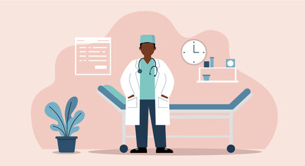 An illustration depicts a Black male doctor in a medical office setting, featuring a stethoscope, examination bed, and a wall clock, conveying healthcare and medical concepts.