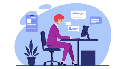 A red-haired woman in a purple suit sits at a desk, working on a computer, with communication bubbles and a clipboard in the background in a flat vector style.