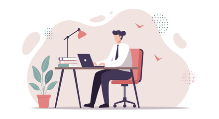 A man is seated at a desk, working on a laptop with a lamp beside him, surrounded by books and a potted plant. Suitable for landing page, banner, marketing, web design, presentation, infographic, etc.