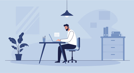 A focused professional works at a modern desk in a minimalist office, creating a presentation, infographic, or web design, ideal for landing page marketing.