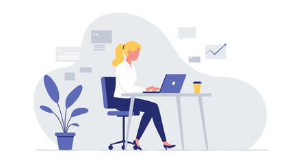 A blonde woman in a flat design illustration is diligently working on her laptop at a modern desk, surrounded by abstract business elements.