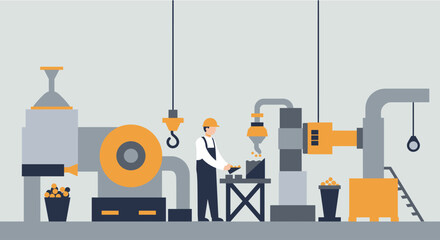 A male factory worker oversees a streamlined industrial process, operating machinery and ensuring efficiency in a modern manufacturing plant.