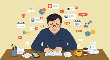 Overwhelmed businessman stressed by digital notifications and tasks while working at his desk, flat design illustration.