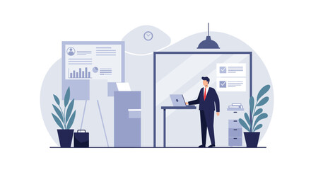 a man in a business suit standing at a desk in an office, working on a laptop. Suitable for landing page, banner, marketing, web design, presentation, infographic, etc.