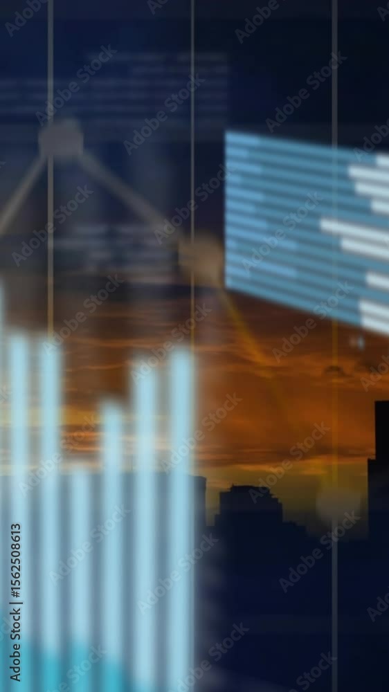 Poster animation of statistical data processing against thunderstorm over silhouette of cityscape