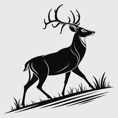 Majestic Deer Silhouette Walking Gracefully Through Grass Black and White Illustration