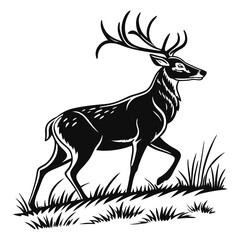 Elegant Deer Silhouette Walking Through Grass in Black and White Design