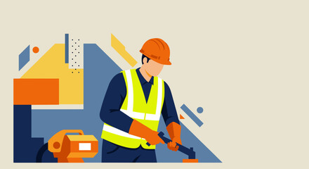a construction worker wearing a hard hat and safety vest, actively engaged in work with tools. Suitable for landing page, banner, marketing, web design, presentation, infographic, etc.