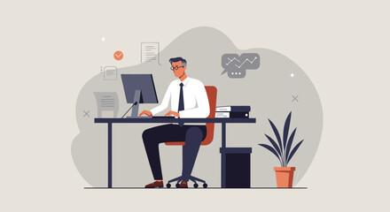 Modern flat design illustration of a businessman working on a computer at his desk, representing business and marketing concepts.