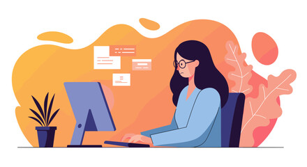 Focused woman working diligently on a computer at her desk, surrounded by abstract organic shapes and subtle plant elements.