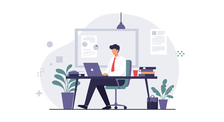 A professional man in a red tie works diligently on his laptop at a modern office desk, surrounded by plants and documents, illustrating productivity.