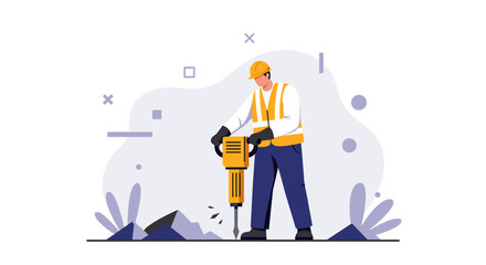 A construction worker, wearing a safety vest and helmet, utilizes a jackhammer to break up rocks on a construction site, illustrated with a vector graphic.