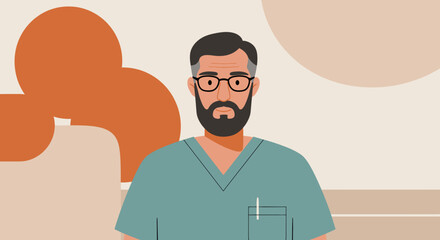 A flat design illustration depicts a professional man with a beard and glasses, possibly a doctor or specialist, set against an abstract background for marketing and business presentations.