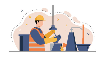An illustration depicts a construction worker in safety gear operating machinery in a factory environment, emphasizing industrial processes and labor.