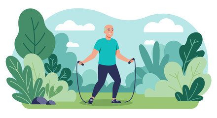 A smiling man is jogging with a jump rope in a lush, green park with trees and clouds in the background. Suitable for landing page, banner, marketing, web design, presentation, infographic, etc. © Flatify Studio