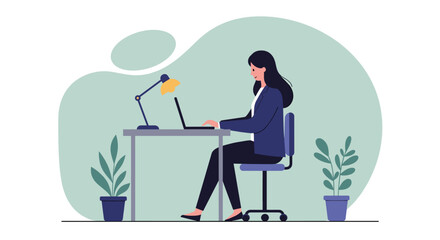 a woman sitting at a desk, working on a laptop with a lamp on the desk to the left. Suitable for landing page, banner, marketing, web design, presentation, infographic, etc.