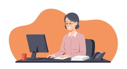 an elderly woman sitting at a desk, working on a computer with a phone and papers in front of her. Suitable for landing page, banner, marketing, web design, presentation, infographic, etc.