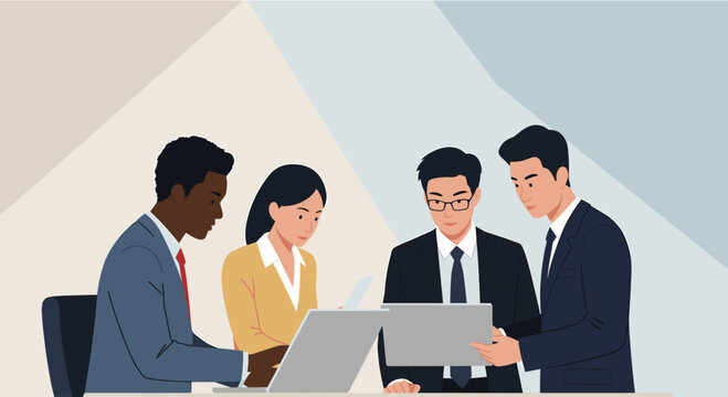 a group of four professionals, two men and two women, engaged in a collaborative work session around a laptop. Suitable for landing page, banner, marketing, web design, presentation, infographic, etc.