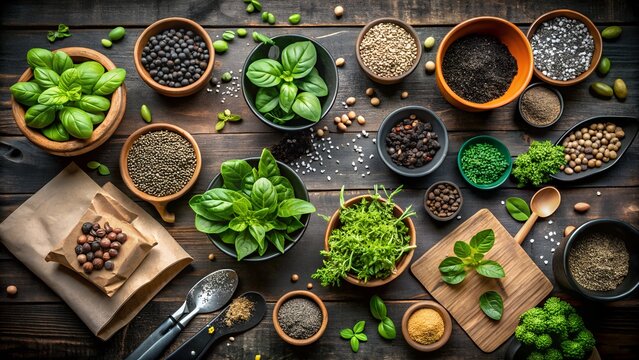 An overhead shot showcases a rustic wooden table adorned with an assortment of fresh herbs and spices in various bowls